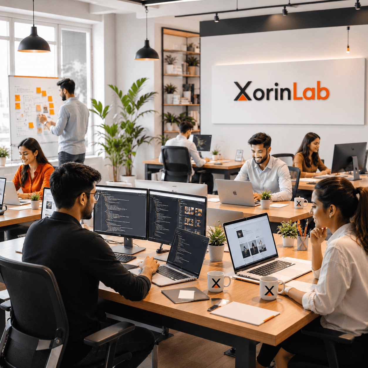 Xorin Lab team collaborating in a modern office workspace